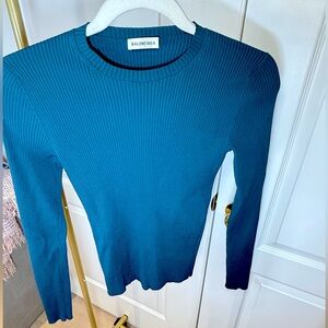 Balenciaga fitted ribbed stret top in a beautiful teal blue color.